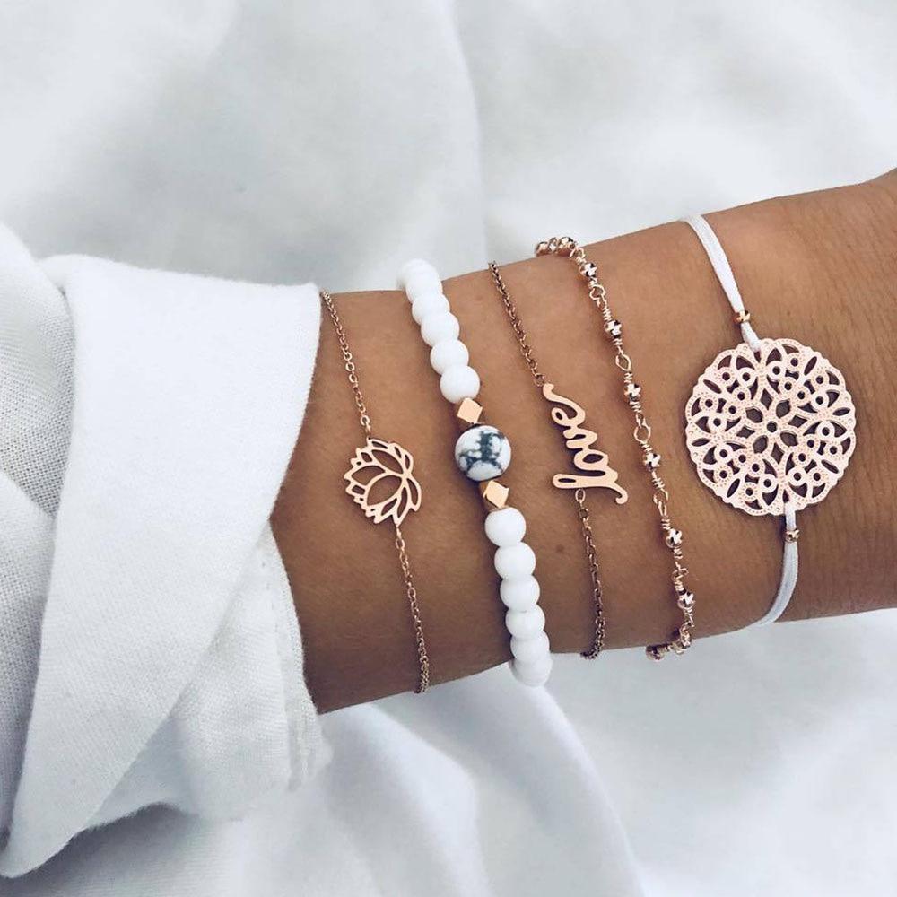 Fashion Bohemia Leaf Round Knot Cuff Bangle Gold Chain Charm Bracelet for Women Simple Geometric Bracelets Luxury Jewelry