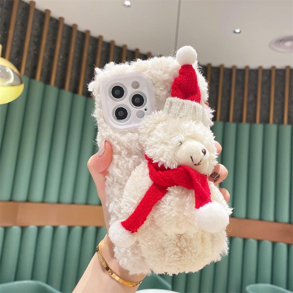 Cute Fluffy Santa 3D Teddy Bear Plush Christmas Case For Iphone 13 12 11 Pro Xs Max X Xr 7 8 Plus Se3 Shockproof Soft Cover Super Soft Winter Warm Funny Rabbit Ears Faux Fur Plush Fluffy Cover