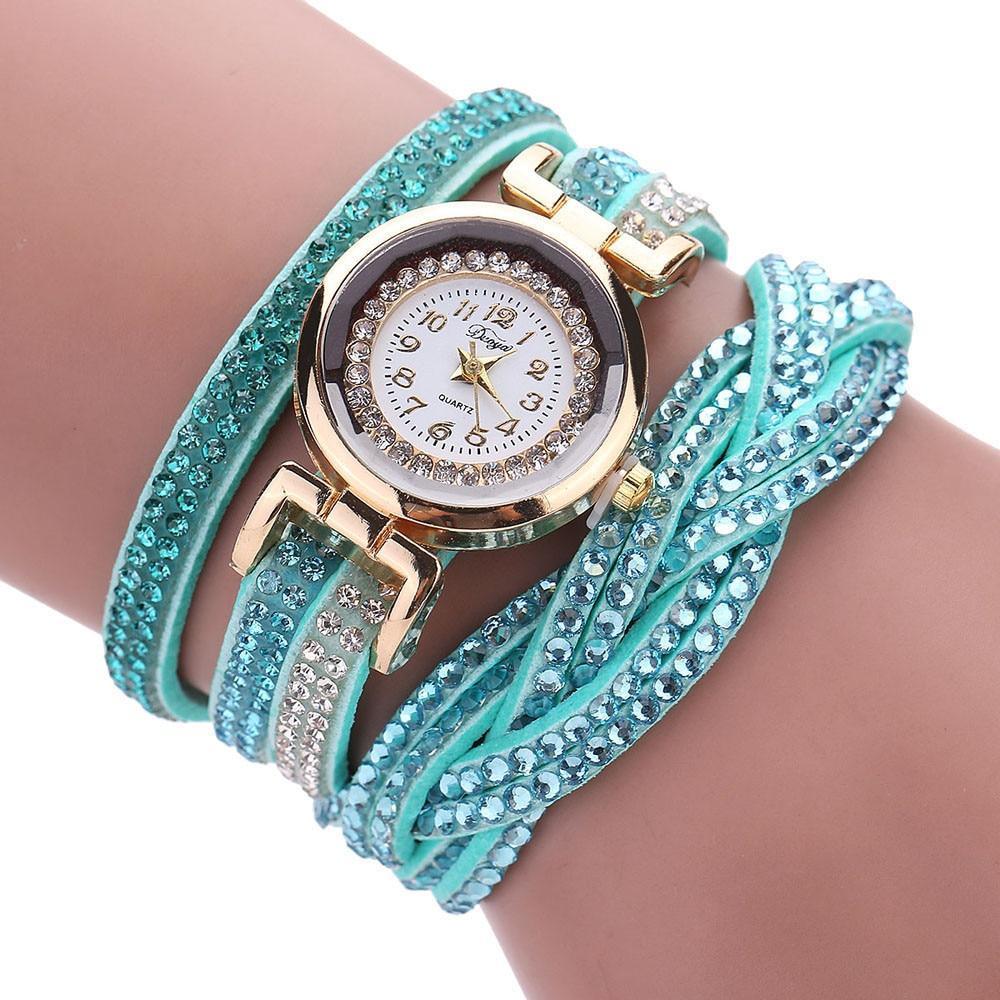 Fashion Casual Gold Quartz Women Rhinestone Watch Braided Leather Bracelet Watch Gift Ladies Wristwatch For Ladies and Women