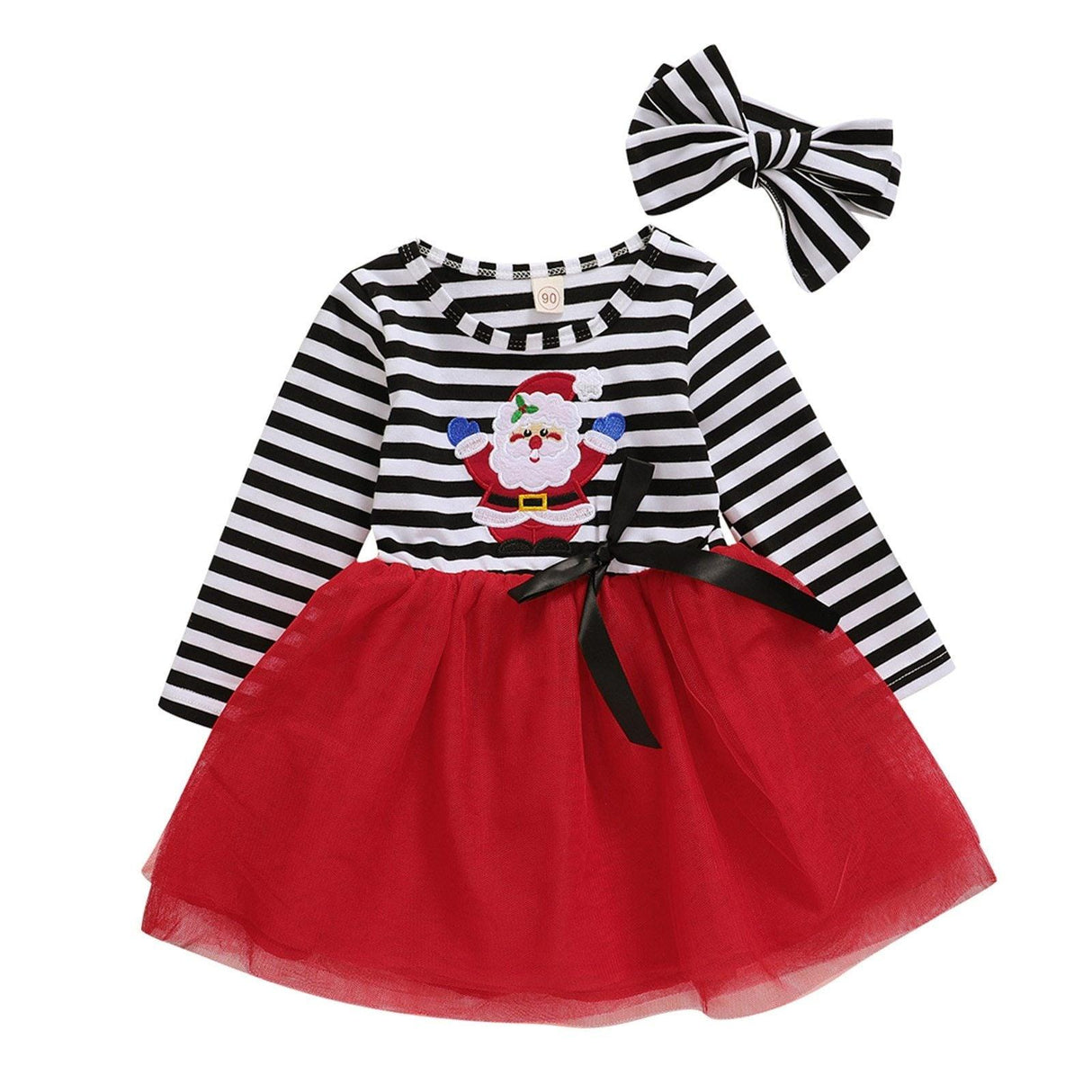 New Dress Baby Girls Christmas Santa Striped Print Dress And Headband Outfits Children