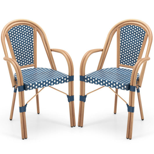 Hand-Woven PE Wicker Outdoor French Bistro Chairs Set of 2-Blue