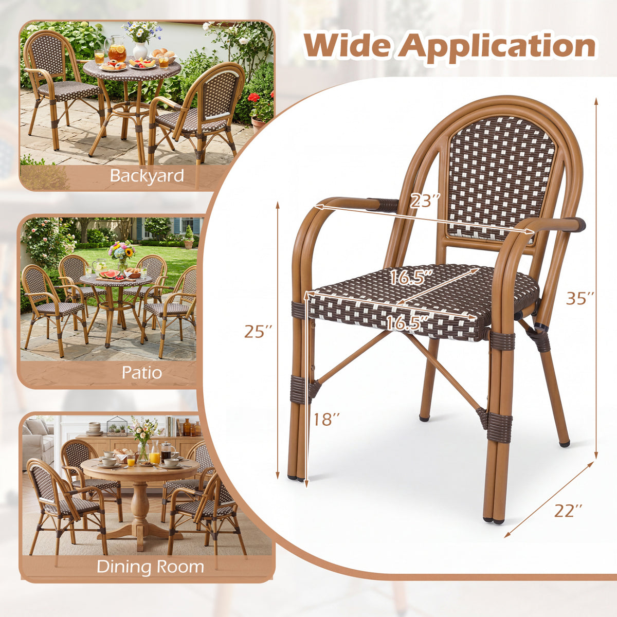 Hand-Woven PE Wicker Outdoor French Bistro Chairs Set of 2-Brown