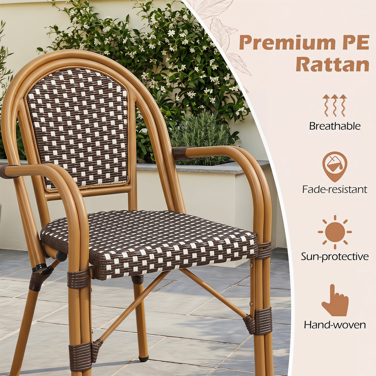 Hand-Woven PE Wicker Outdoor French Bistro Chairs Set of 2-Brown