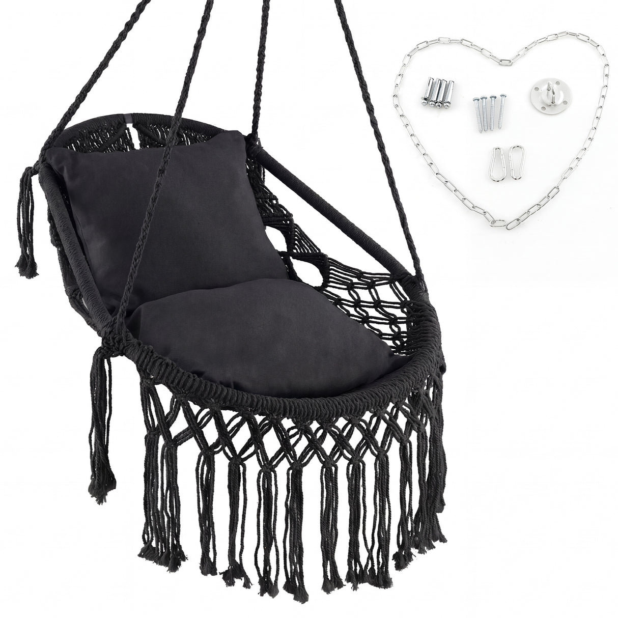 Hanging Hammock Chair with Soft Seat Cushions and Sturdy Rope Chain-Black