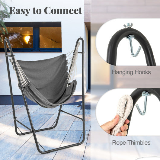 Hammock Chair with Heavy Duty Metal Frame and Side Pocket-Gray