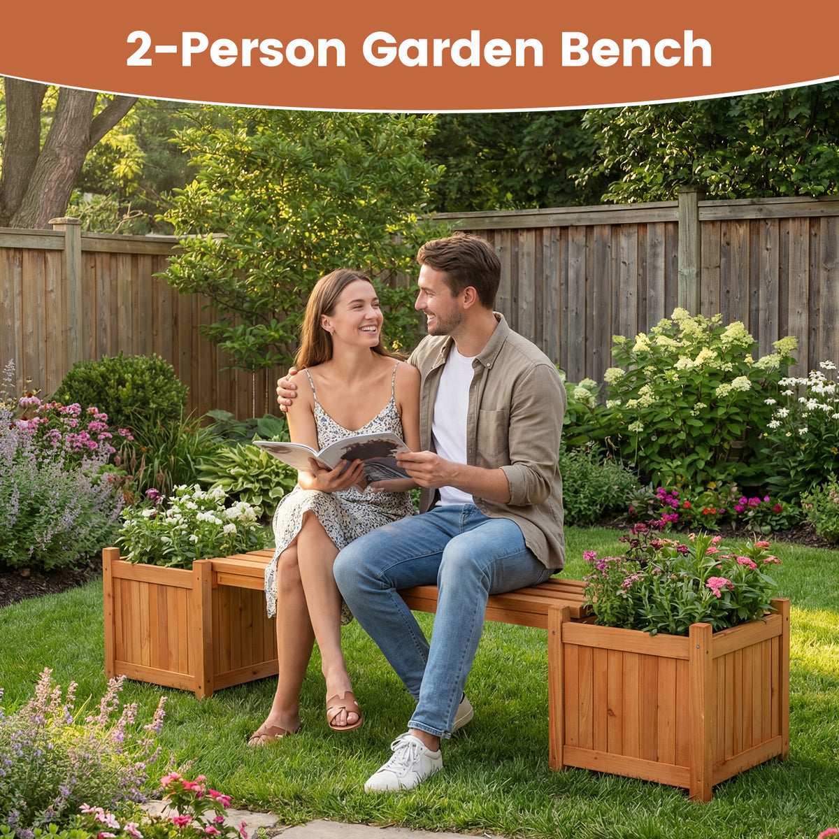 Hardwood Planter Box with Bench Garden Bench with 2 Side Flower Boxes