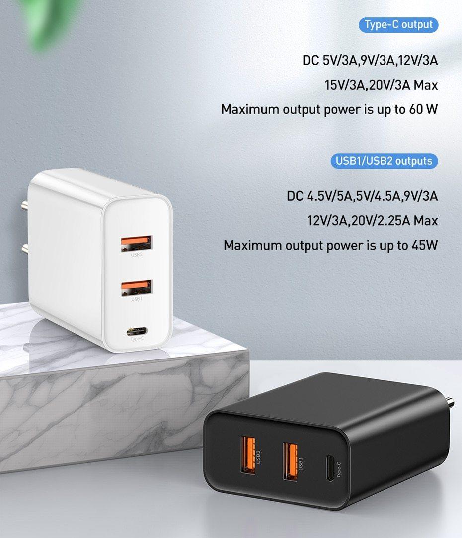 3 Ports USB Fast Charger 60W Support Quick Charge Type-C PD Charger QC 4.0 3.0 Phone Charger