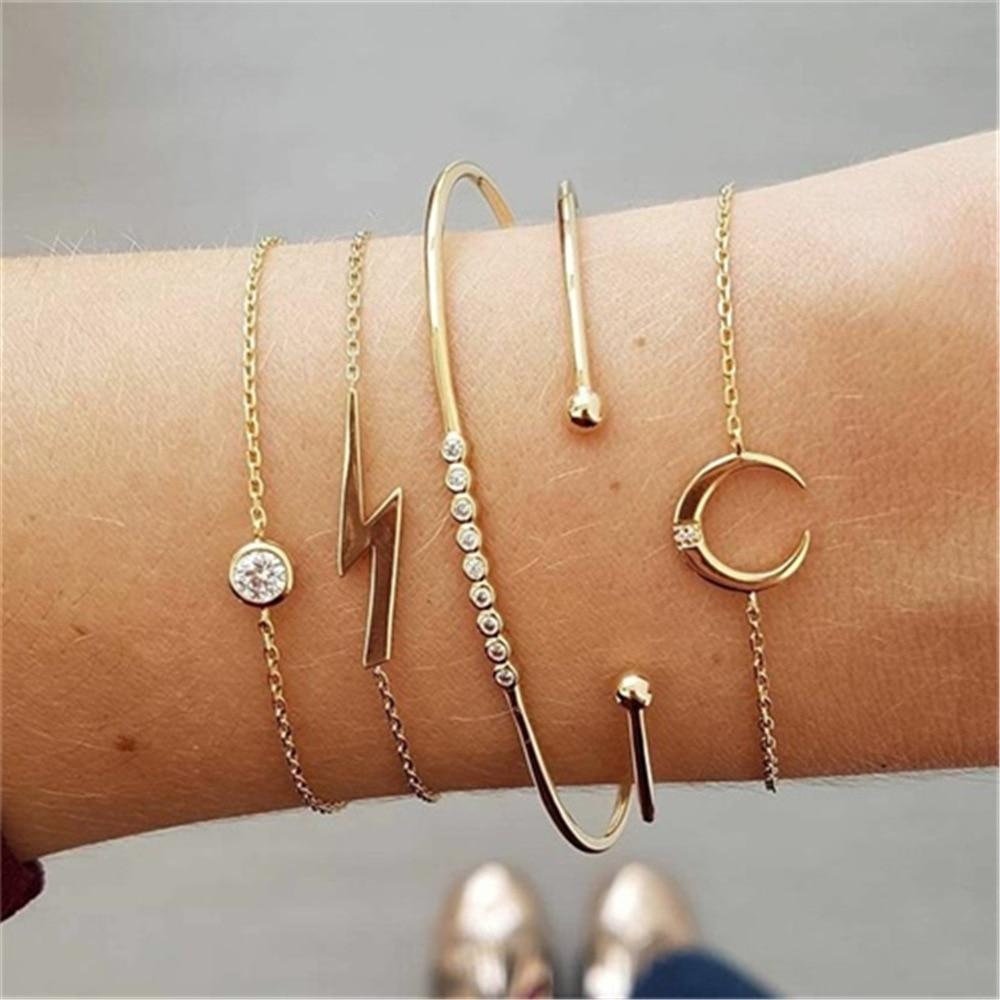 Fashion Bohemia Leaf Round Knot Cuff Bangle Gold Chain Charm Bracelet for Women Simple Geometric Bracelets Luxury Jewelry
