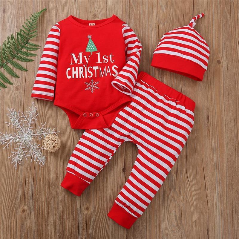 3PCS Romper Jumpsuits+Striped Pant Christmas Clothes Set Kids for Infant Boys/Girls In Christmas Printed Design