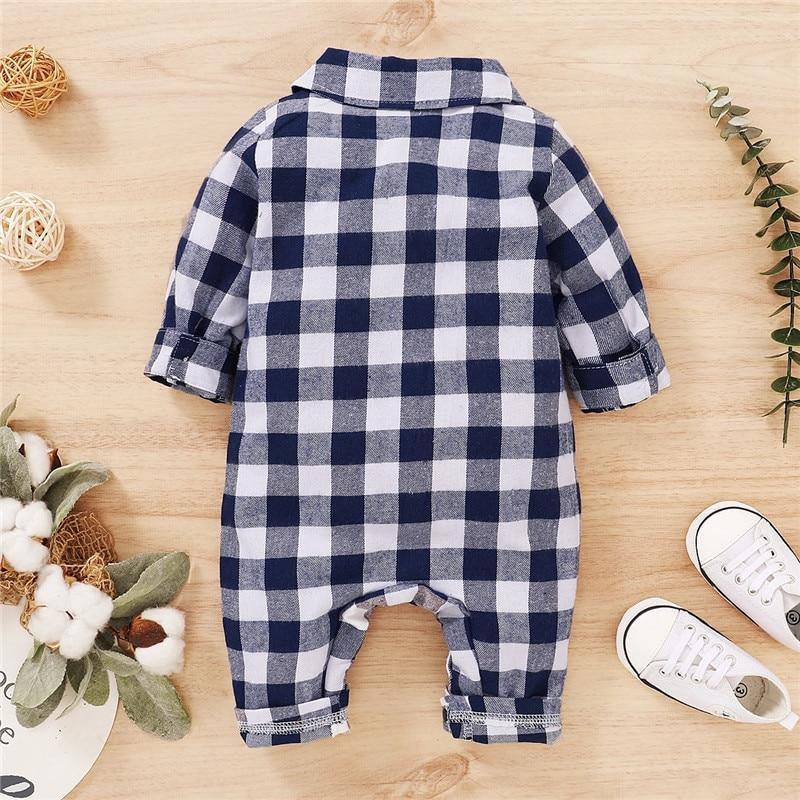 Spring Autumn Newborn Cotton Casual classic Plaid Collar Jumpsuit for Baby Boys / Girls In Elegant Retro Modern Style