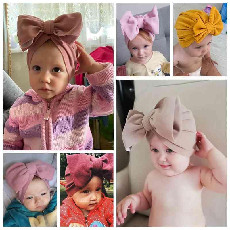 Handamde Elegant Baby Hats for Girls Big Bow Turban Hat Newborn Baby Beanie Cap Solid Color Style