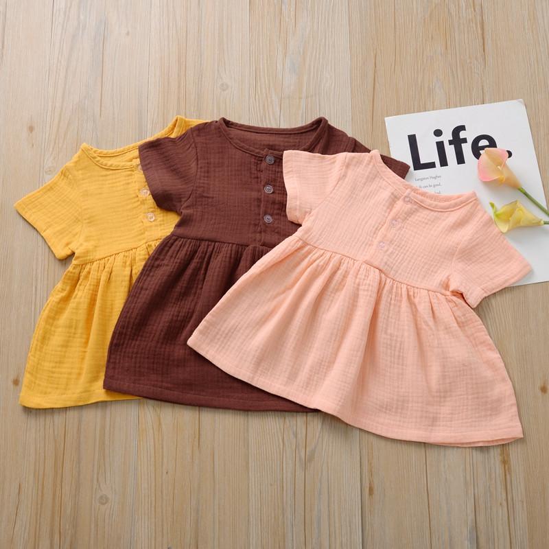 Kids Summer Cotton Linen Dress with Plain Short sleeve Party A-line dress For Small Girls 1-3 Years