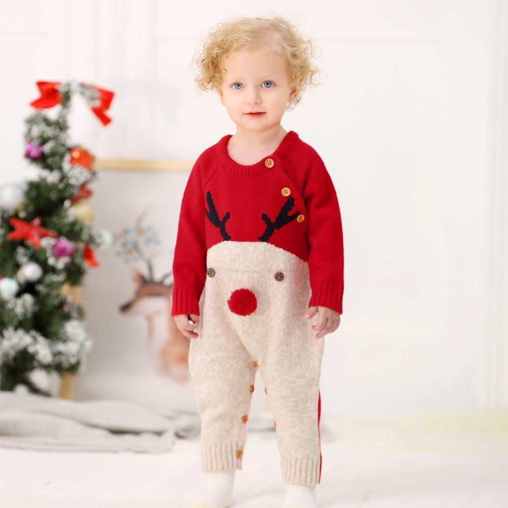 Baby Christmas Rompers Reindeer Knitted Jumpsuits Toddler Children Warm Wool Clothes 0-2Y For Boys and Girls Christmas Eve Costume