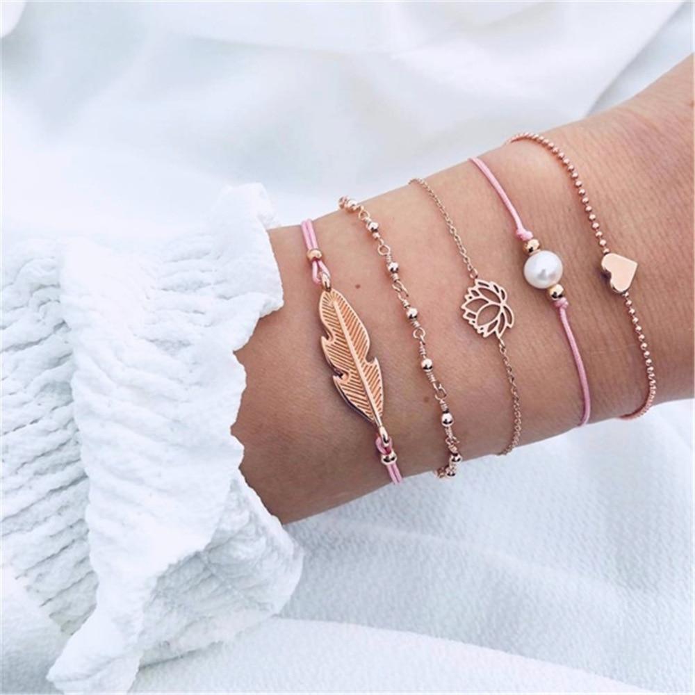 Fashion Bohemia Leaf Round Knot Cuff Bangle Gold Chain Charm Bracelet for Women Simple Geometric Bracelets Luxury Jewelry