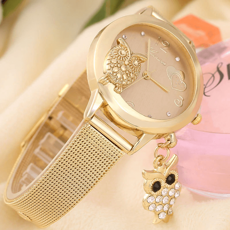 STEVVEX Gold Watch Brand Quartz Women Rose Gold Stainless Steel Mesh Belt Ladies Wristwatch Female Clock Owl (Gold) For Women and Girls