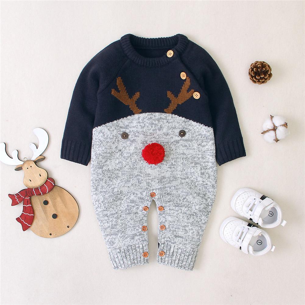 Baby Christmas Rompers Reindeer Knitted Jumpsuits Toddler Children Warm Wool Clothes 0-2Y For Boys and Girls Christmas Eve Costume