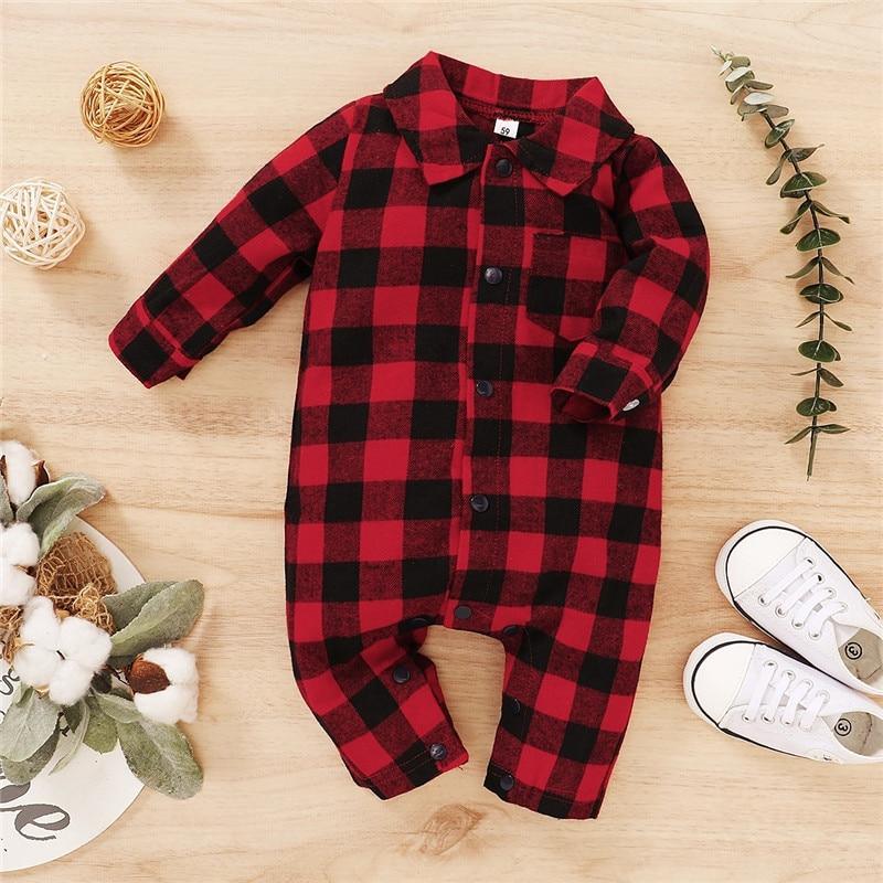 Spring Autumn Newborn Cotton Casual classic Plaid Collar Jumpsuit for Baby Boys / Girls In Elegant Retro Modern Style