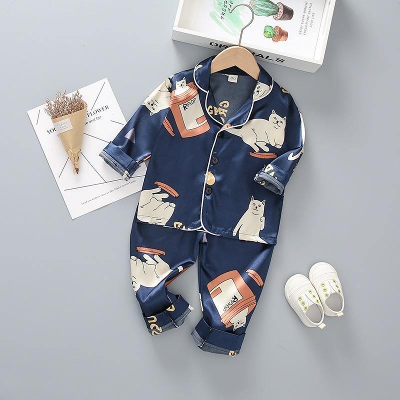 Luxury Modern Children's Pajamas Set Baby Suit Toddler Boys and Girls Ice Silk Satin Cartoon Printing Tops Pants Set Home Wear pajams for Kids