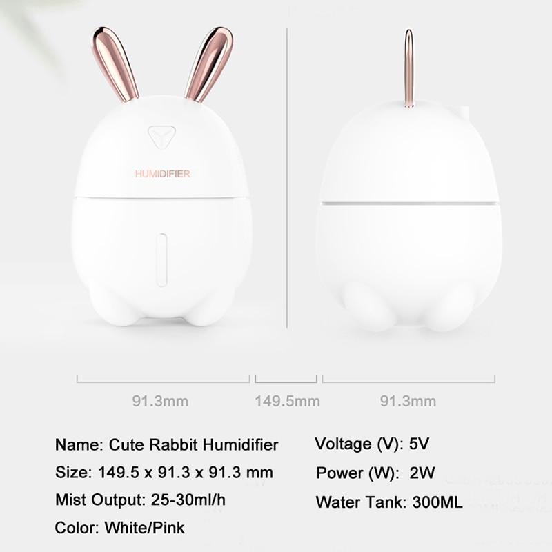 300ML Mini Air Humidifier Cute Rabbit USB Aroma Essential Oil Diffuser Colorful Night Light Car Office Mist Maker