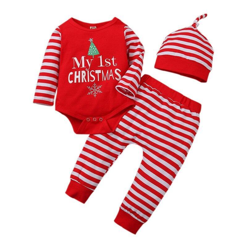 3PCS Romper Jumpsuits+Striped Pant Christmas Clothes Set Kids for Infant Boys/Girls In Christmas Printed Design