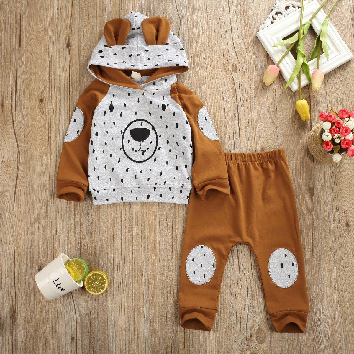 Newborn Boy Long Sleeve Bear Infant Hoodie Pant Tracksuit Set Pajamas For Kids In Bear Deisgn