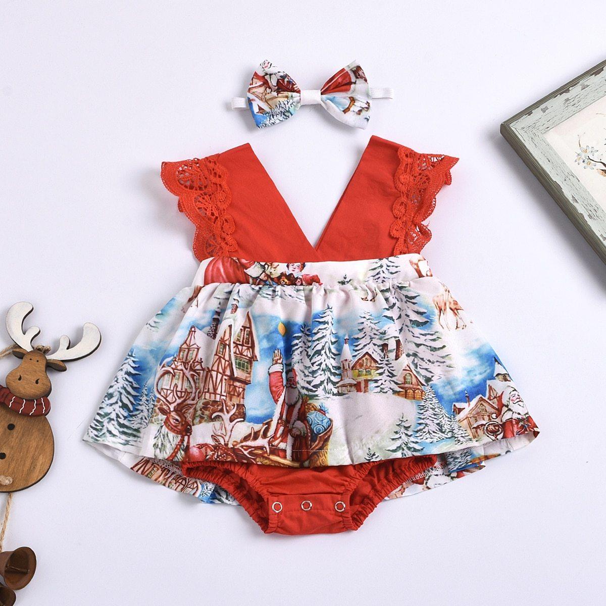 2pcs 0-24M Christmas Newborn Baby Girls Romper Dress+ Headband Santa Print Jumpsuits Outfit Unique Design