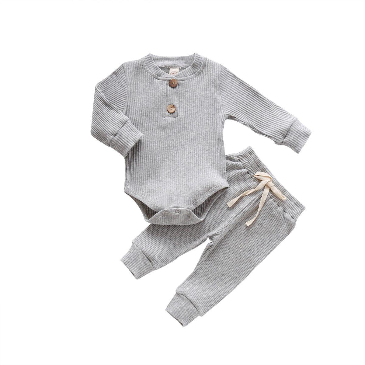Infant Newborn Baby Spring Autumn Ribbed Solid Clothes Sets Long Sleeve Bodysuits , Elastic Pants 2PCs