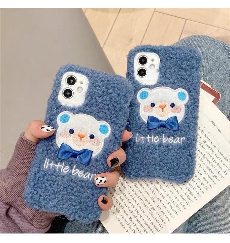 Cute Brown Bear Plush Phone Case For Iphone 14 11 12 13 Pro Max 7 8 X XS Max XR SE2 Autumn And Winter Shockproof Full Case Cover Cute Bear Animal Winter Warm Plush Fabric Phone Case