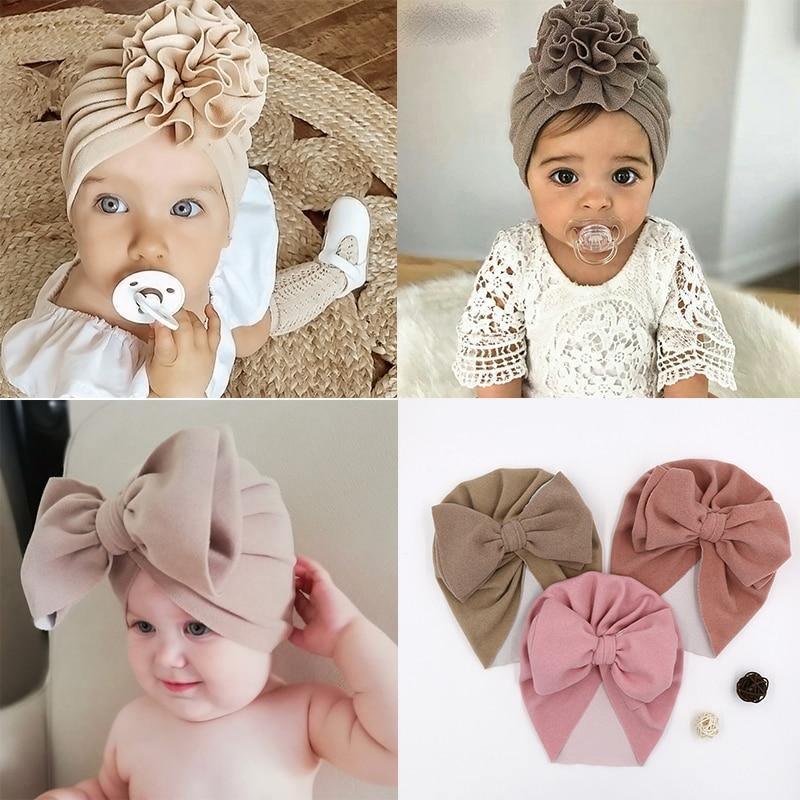 Handamde Elegant Baby Hats for Girls Big Bow Turban Hat Newborn Baby Beanie Cap Solid Color Style
