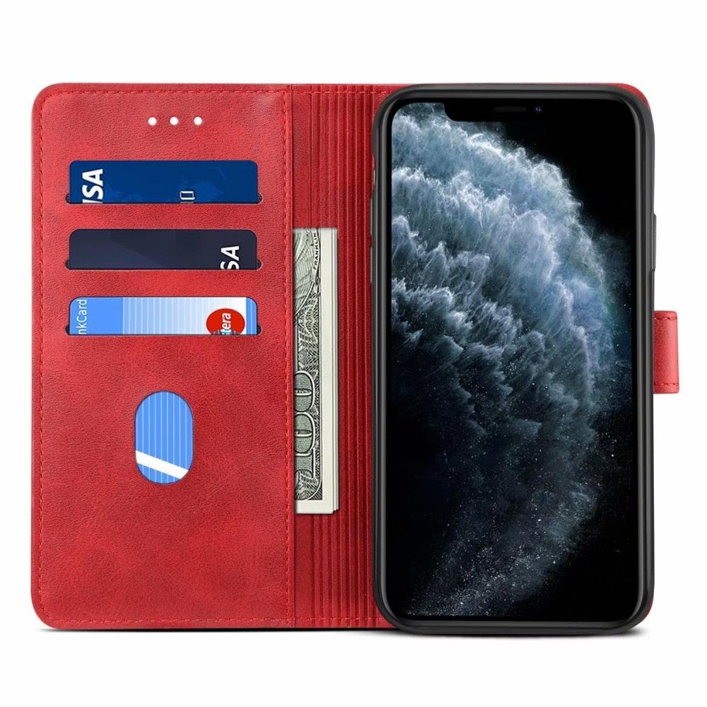 Luxury Red Leather Magnetic Flip Case For Iphone 14 12 13 11 11 Pro Max Xr Xs Max X Wallet Cover For iphone Leather Wallet Case Card Slots Kickstand Magnetic Buckle Flip Phone Cover