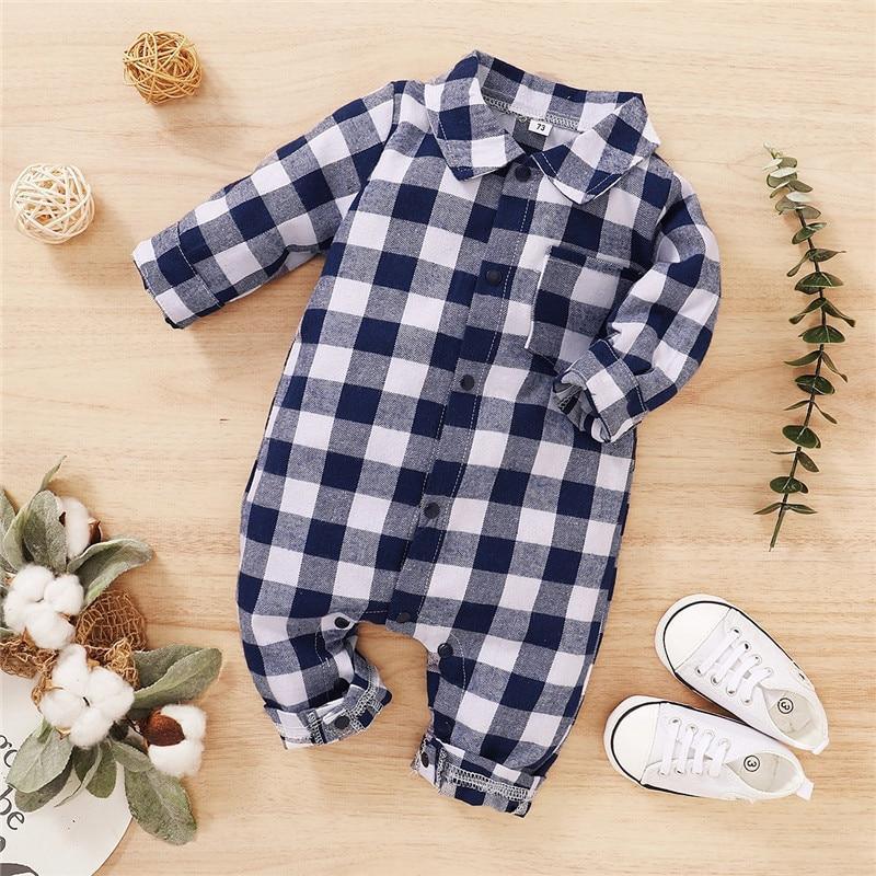Spring Autumn Newborn Cotton Casual classic Plaid Collar Jumpsuit for Baby Boys / Girls In Elegant Retro Modern Style