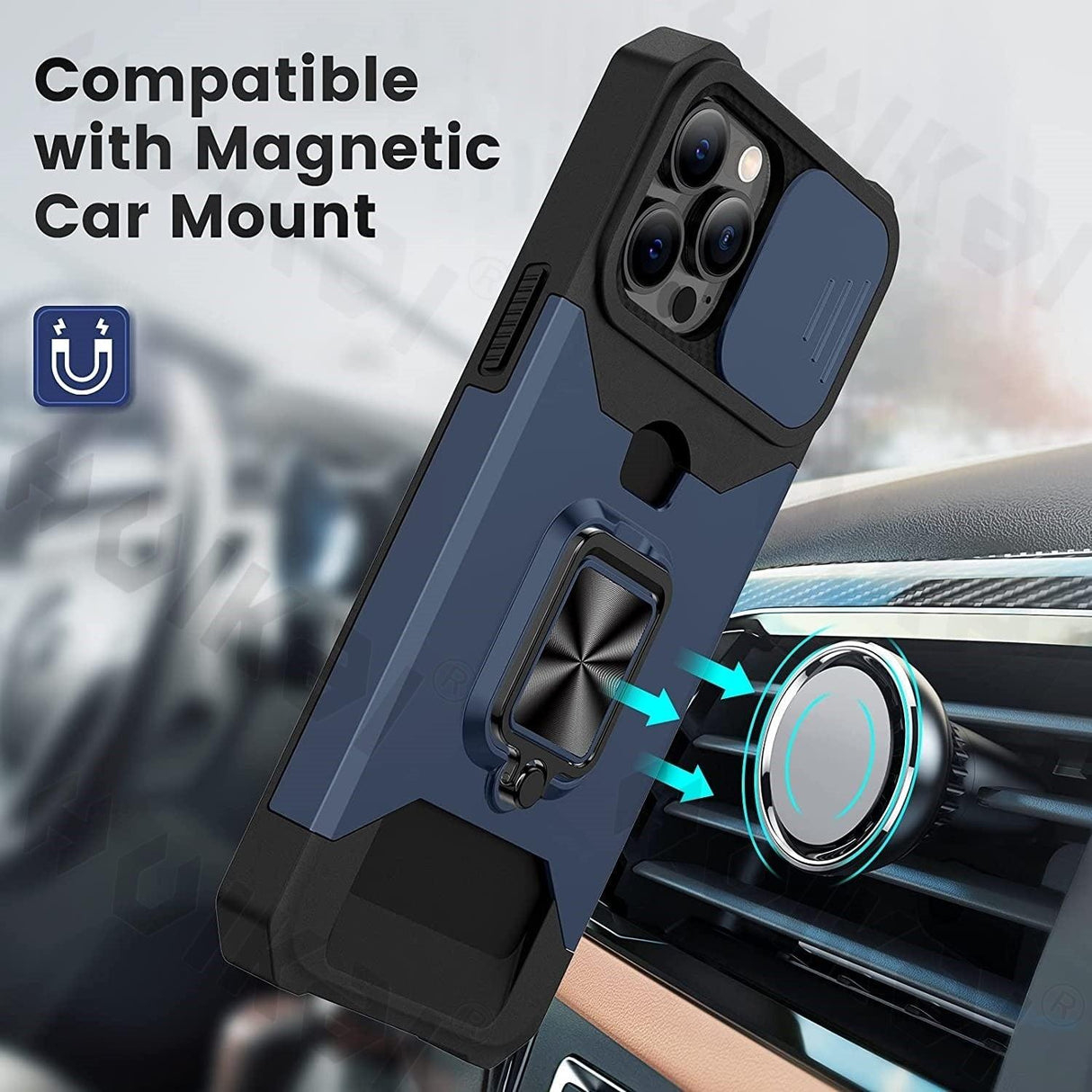 Slide Camera Cover Kickstand Card Wallet Case for iPhone11 X XS 8 Shockproof Protective Phone Case Wallet Case for iPhone With Sliding Camera Case With Kickstand Magnetic Adjustable Ring Holder