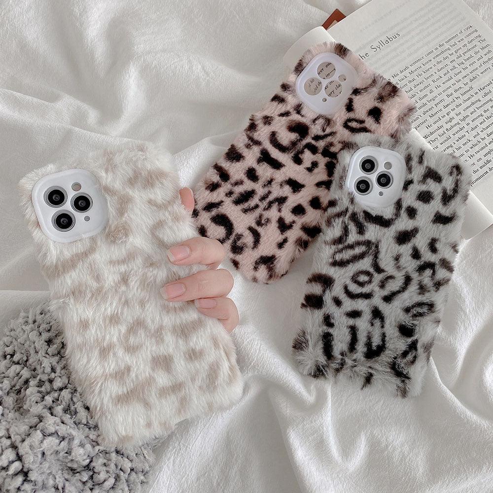 Fashion Fluffy Plush Leopard Camera Protection Phone Case For iphone 13 11 12 Pro MAX X XS XR Winter Warm Girl Soft and Comfortable Case Unique Design Soft Cover