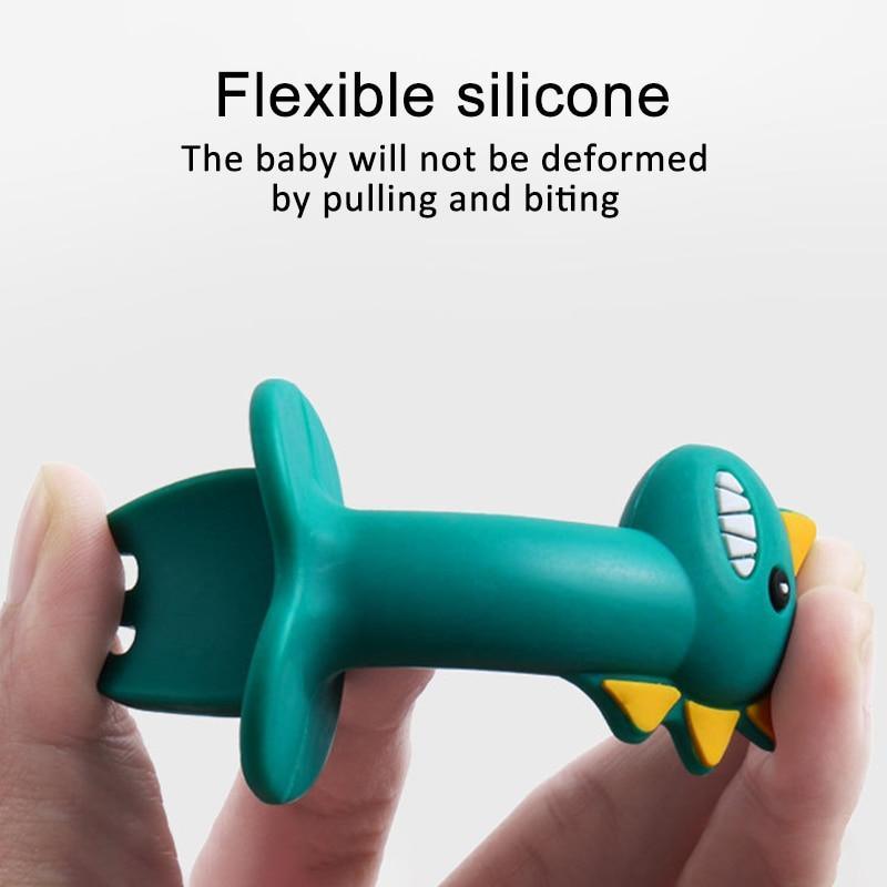 New Baby Feeding Spoon Fork Set Short Easy Cartoon Dinosaur Soft Silicone Teether Toys Non-hurt Training Tableware