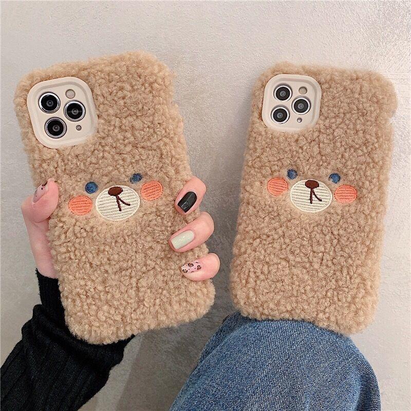 Cute Furry Fluffy Brown Bear Phone Case For iPhone 11 12 13 Pro Max 6 7 8 Plus X XS Max XR SE 2020 Winter Plush Warm Soft Cover Autumn and Winter Shockproof Full Case Cover