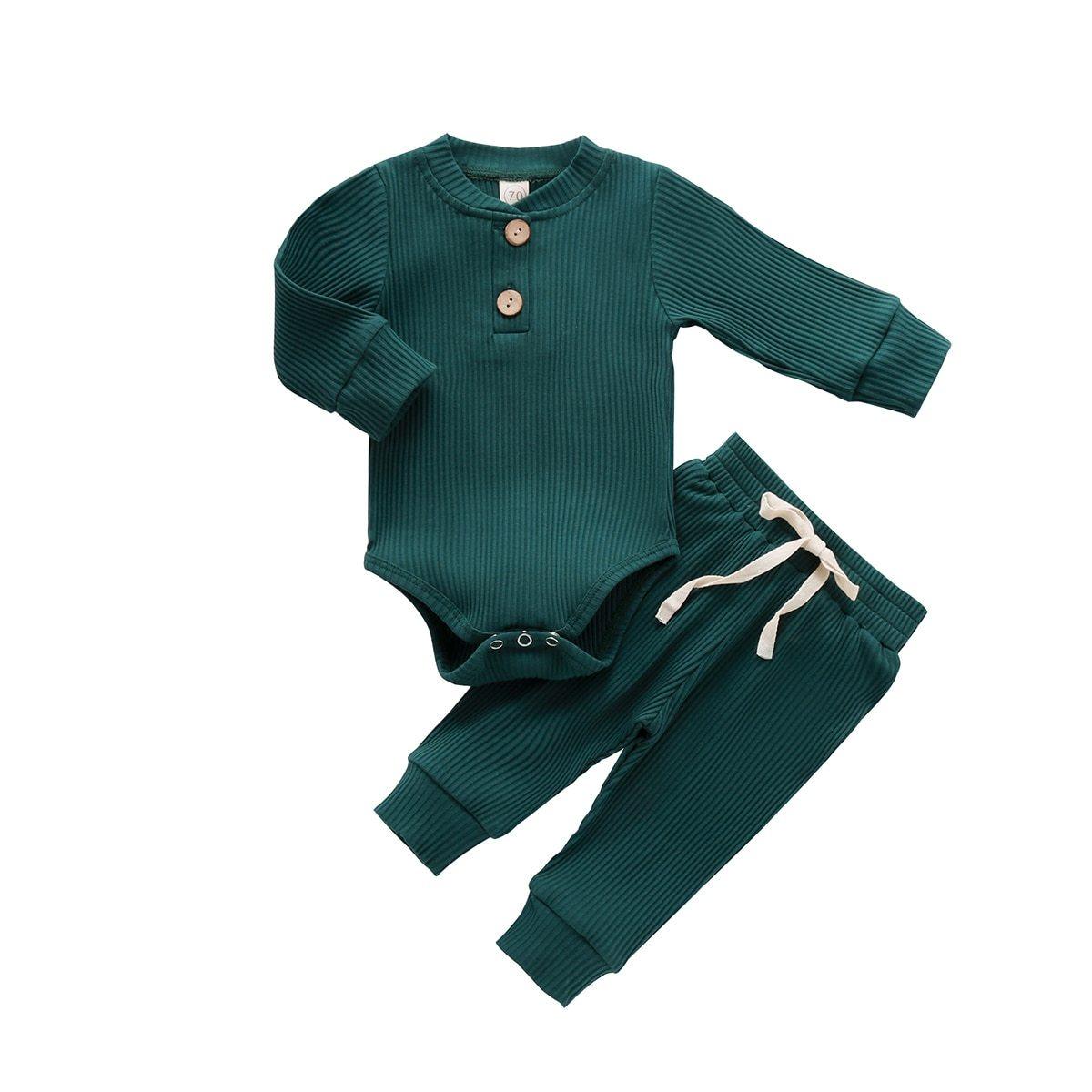 Infant Newborn Baby Spring Autumn Ribbed Solid Clothes Sets Long Sleeve Bodysuits , Elastic Pants 2PCs