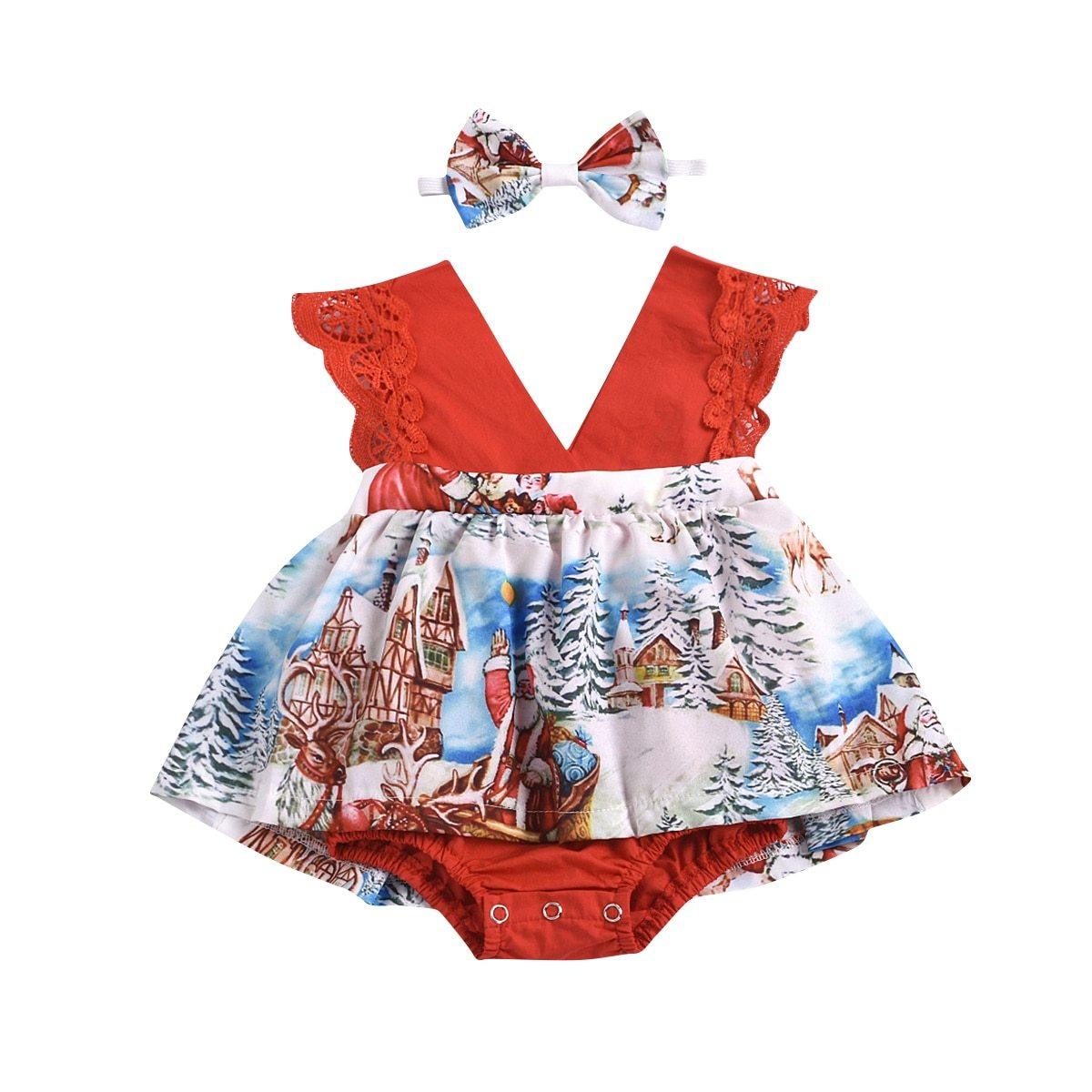 2pcs 0-24M Christmas Newborn Baby Girls Romper Dress+ Headband Santa Print Jumpsuits Outfit Unique Design