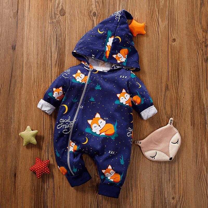 Baby Rompers Warm overalls Cartoon Animals Pattern Hooded Zipper Clothes Jumpsuit For Girls and Boys In Modern Print Design