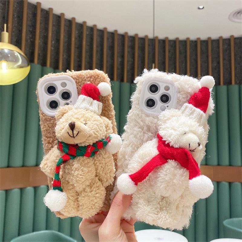 Cute Fluffy Santa 3D Teddy Bear Plush Christmas Case For Iphone 13 12 11 Pro Xs Max X Xr 7 8 Plus Se3 Shockproof Soft Cover Super Soft Winter Warm Funny Rabbit Ears Faux Fur Plush Fluffy Cover