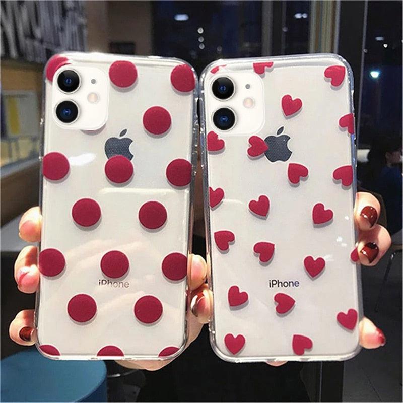 Transparent Phone Case For iPhone 13 12 11 14 Pro Little Dots Love Heart Clear Back Cover Vintage Women Girls Soft Anti-Scratch Protective Cases for iPhone