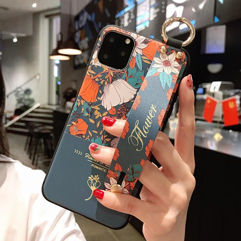 Rose Flowers Wrist Strap Phone Cases For iPhone 13 12 11 14 pro MAX X XR XS MAX 7 8 Plus Cover Hand Band Cases Soft Full Protection Slim Colorful Protective Phone Case For iPhone