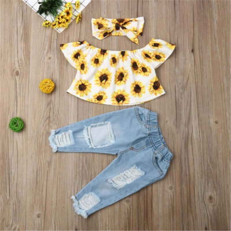 3 Pcs Outfit Clothes Cute Sunflower Top Pants Fashion Casual Suit Perfect For Baby