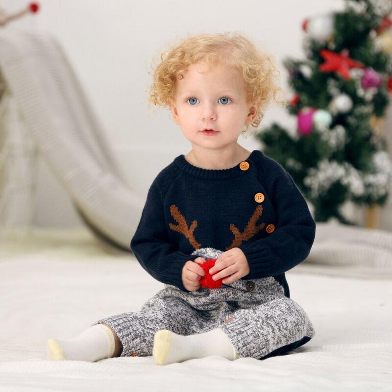 Baby Christmas Rompers Reindeer Knitted Jumpsuits Toddler Children Warm Wool Clothes 0-2Y For Boys and Girls Christmas Eve Costume