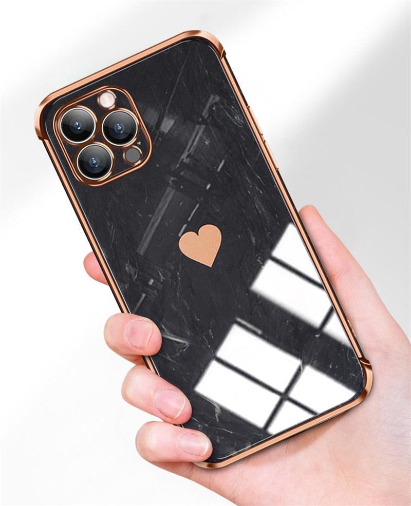 Luxury Shockproof Soft Case For iPhone 13 12 11 Pro Max XS XR X R 8 7 Plus iPhone12 12Pro iPhone11 Marble Texture Covers Luxury Love Phone Case Cute Side Small Heart Pattern Soft Shockproof Full Lens Case for iPhone
