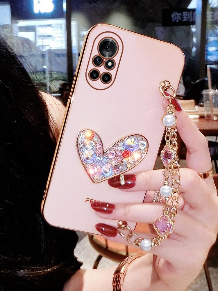 Cute Heart Chain Cute Case Luxury 3D Love Heart Wristband Girl Soft Case For iPhone 14 13 11 12 Pro Max 7 8 Plus Xr X Xs Silicone Phone Cover Cute Case Luxury Hearts Case Camera Cover Protective Soft Slim Girly Case Designed for iPhone