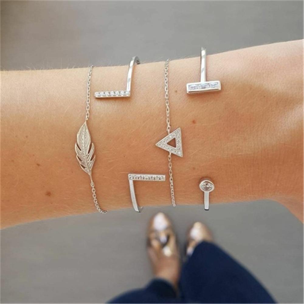 Fashion Bohemia Leaf Round Knot Cuff Bangle Gold Chain Charm Bracelet for Women Simple Geometric Bracelets Luxury Jewelry