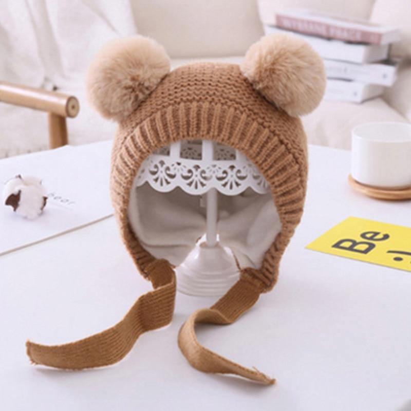 Handmade Modern Trend Winter Christmas Knitted Baby Hat Cute Double Pompom Infant Baby Boy Girl Cap Ear Protection Hats Kids Children Cap