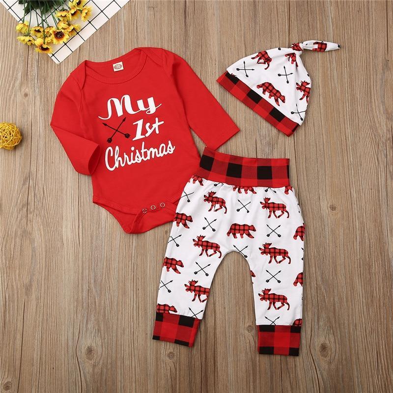 Casual New Baby Boy/Girl First Christmas printed Clothes Romper Trousers Hat Outfit Set