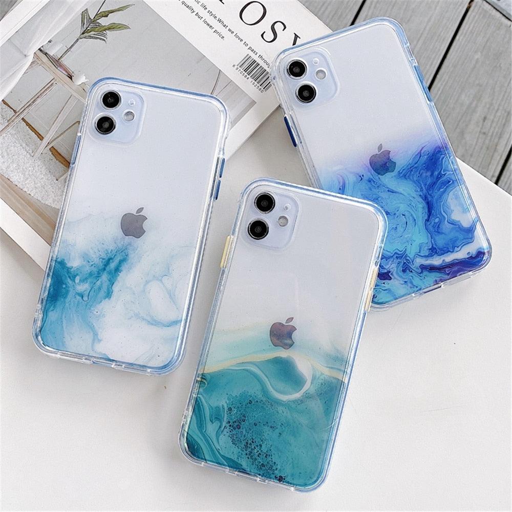 Luxury Marble Transparent Phone Case For iPhone 11 12 Pro XS Max X XR 7 8 Plus Soft Silicone Shockproof Cover Green Marble Design Gold Sparkly Glitter Protective Stylish Slim Thin Cute Case for Phone