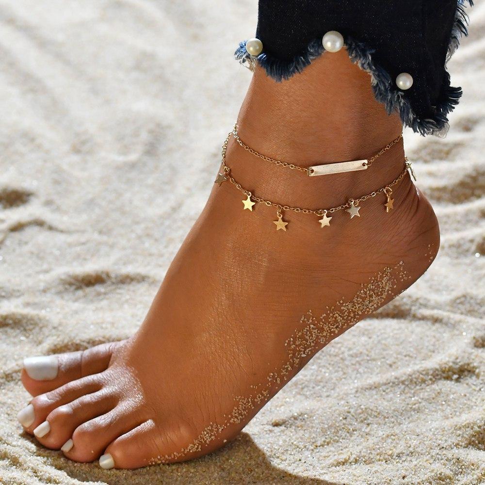 Gold Metal Shell Coconut Tree Female Anklets Barefoot Sandals Foot Summer Double Layers Foot Bracelets Leg Jewelry